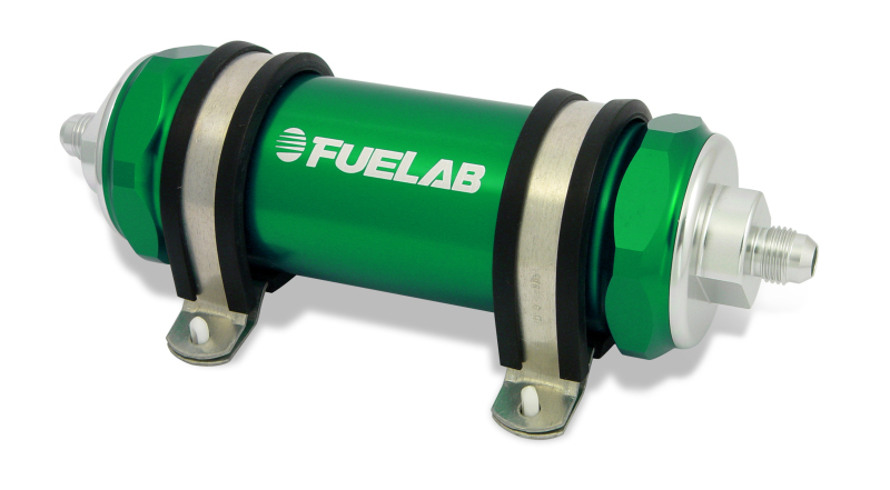 Fuelab 828 In-Line Fuel Filter Long -6AN In/Out 75 Micron Stainless - Green