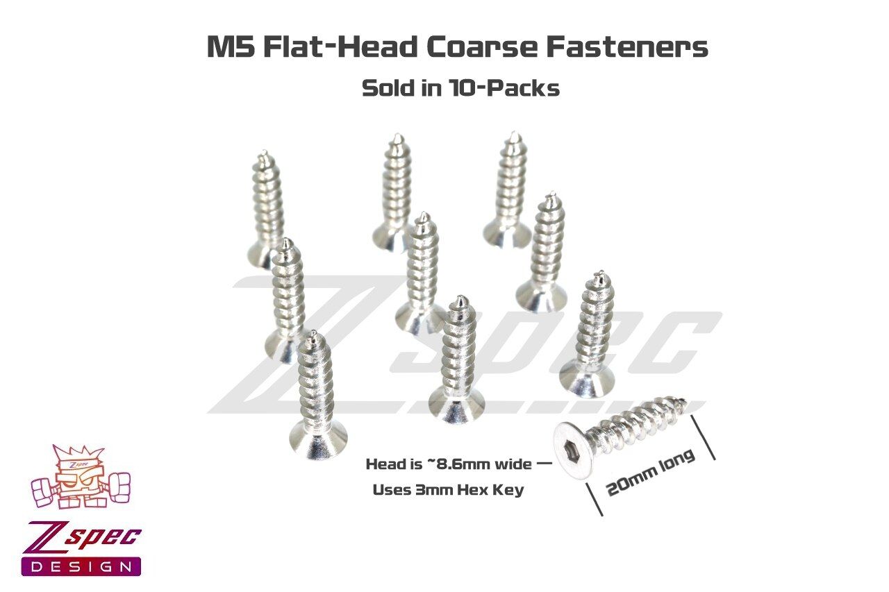 ZSpec Design M5 x 20mm Coarse Flat-Head Socket Cap (FHSC) Fasteners, Stainless, 10-Pack