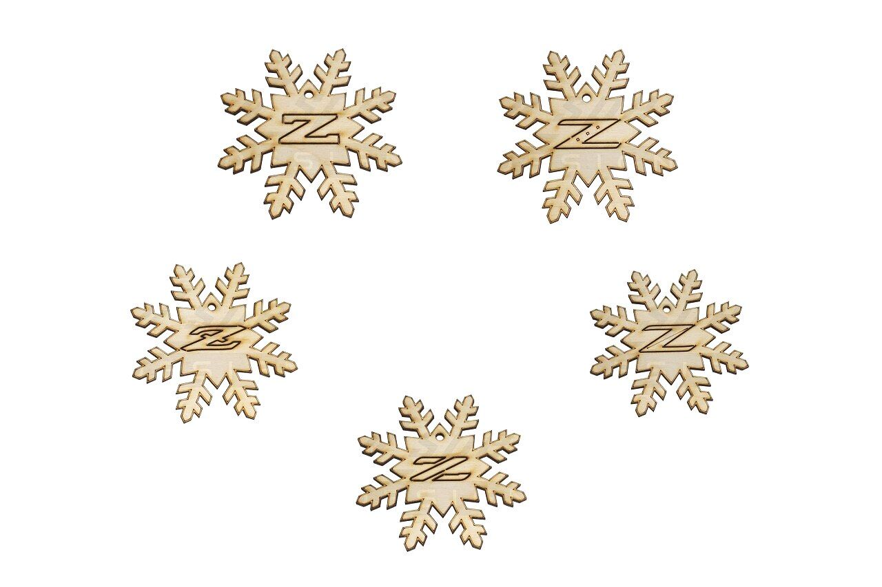 ZSpec Design Laser-Engraved Wood Ornaments, Set of Five "Z" Snowflakes, 3.75" x 1/8", Birch