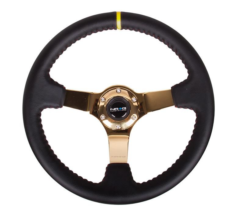 NRG Reinforced Steering Wheel (350mm / 3in. Deep) Black Leather, Red Baseball Stitching - Gold Center