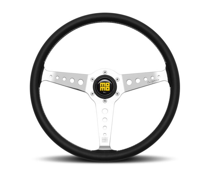 Momo California Steering Wheel 360MM, Black Leather, White Stitch, Polished Spokes