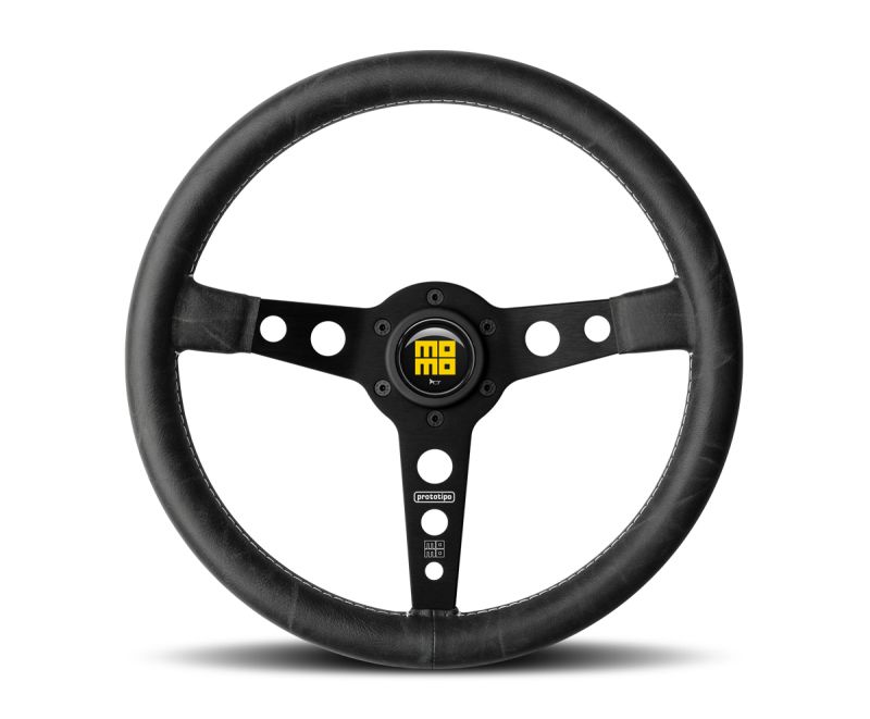Momo Prototipo Steering Wheel 350MM - Black Leather, White Stitch, Black Spokes
