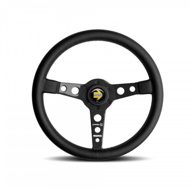 Momo Prototipo 6C Steering Wheel 350MM, Black Leather, Grey Stitch, Carbon Fiber Spoke