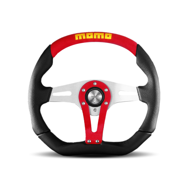 Momo Trek Steering Wheel 350MM, Black Perforated Leather, Brushed Spokes, Red Inserts
