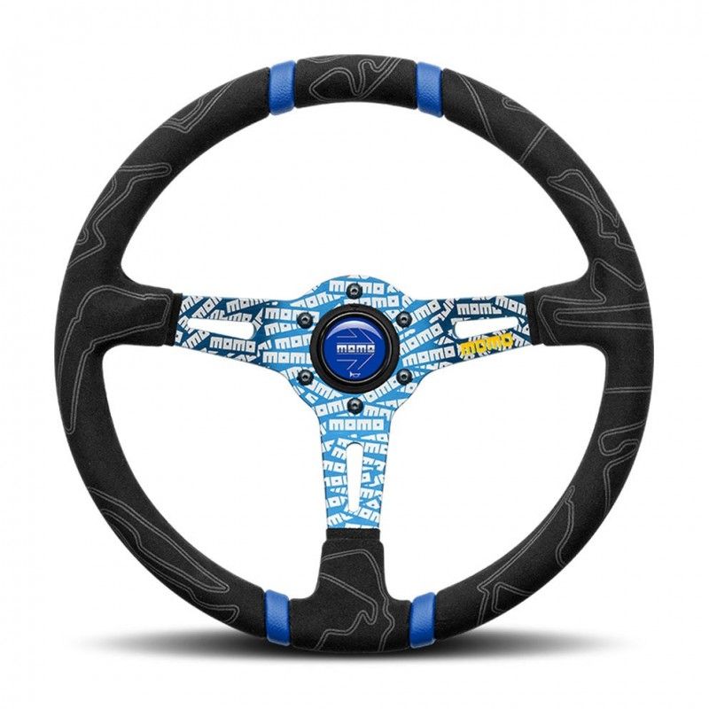 Momo Ultra, Steering Wheel 350MM, Alcantara, Blue Spokes, Double Stripe