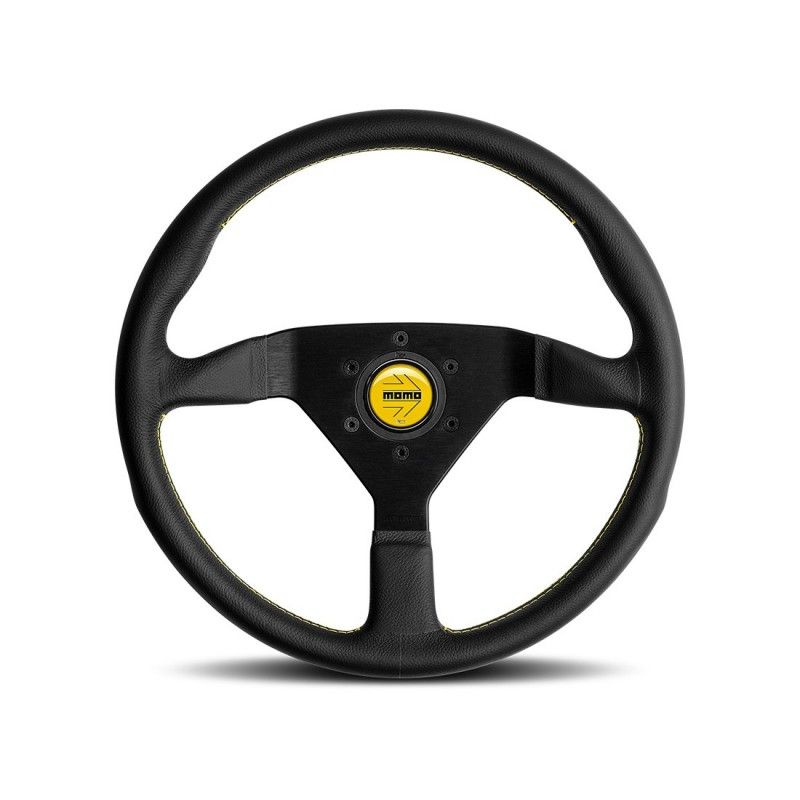 Momo Montecarlo Steering Wheel 350MM, Black Leather, Yellow Stitch, Black Spokes