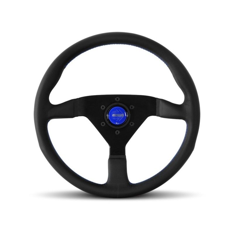 Momo Montecarlo Steering Wheel 350MM, Black Leather, Blue Stitch, Black Spokes