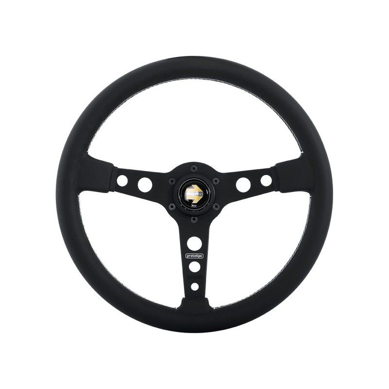 Momo Prototipo Steering Wheel 370MM, Black Leather, White Stitch, Black Spokes